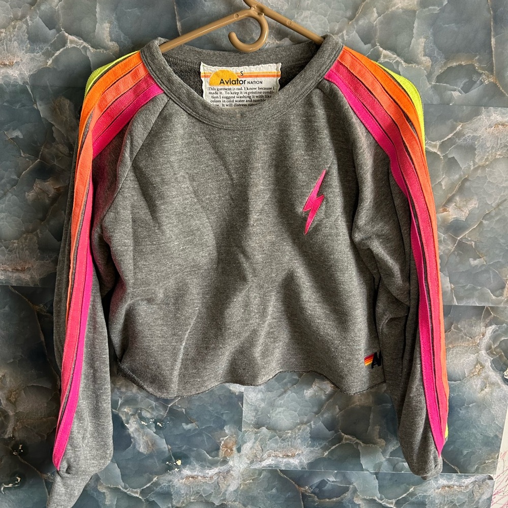 Aviator Nation Gray Sweater with Rainbow Stripes/ Size S